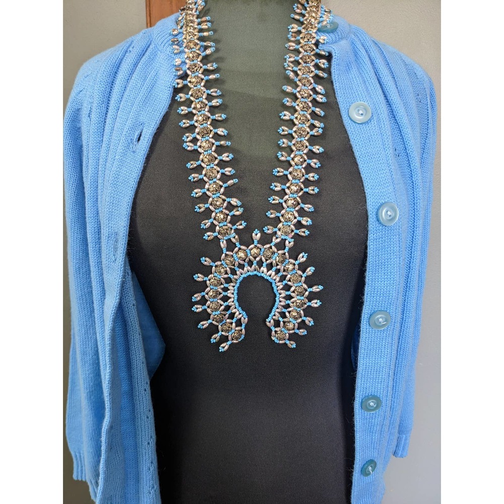 Vintage Blue and Gold Beaded Squash Blossom Necklace